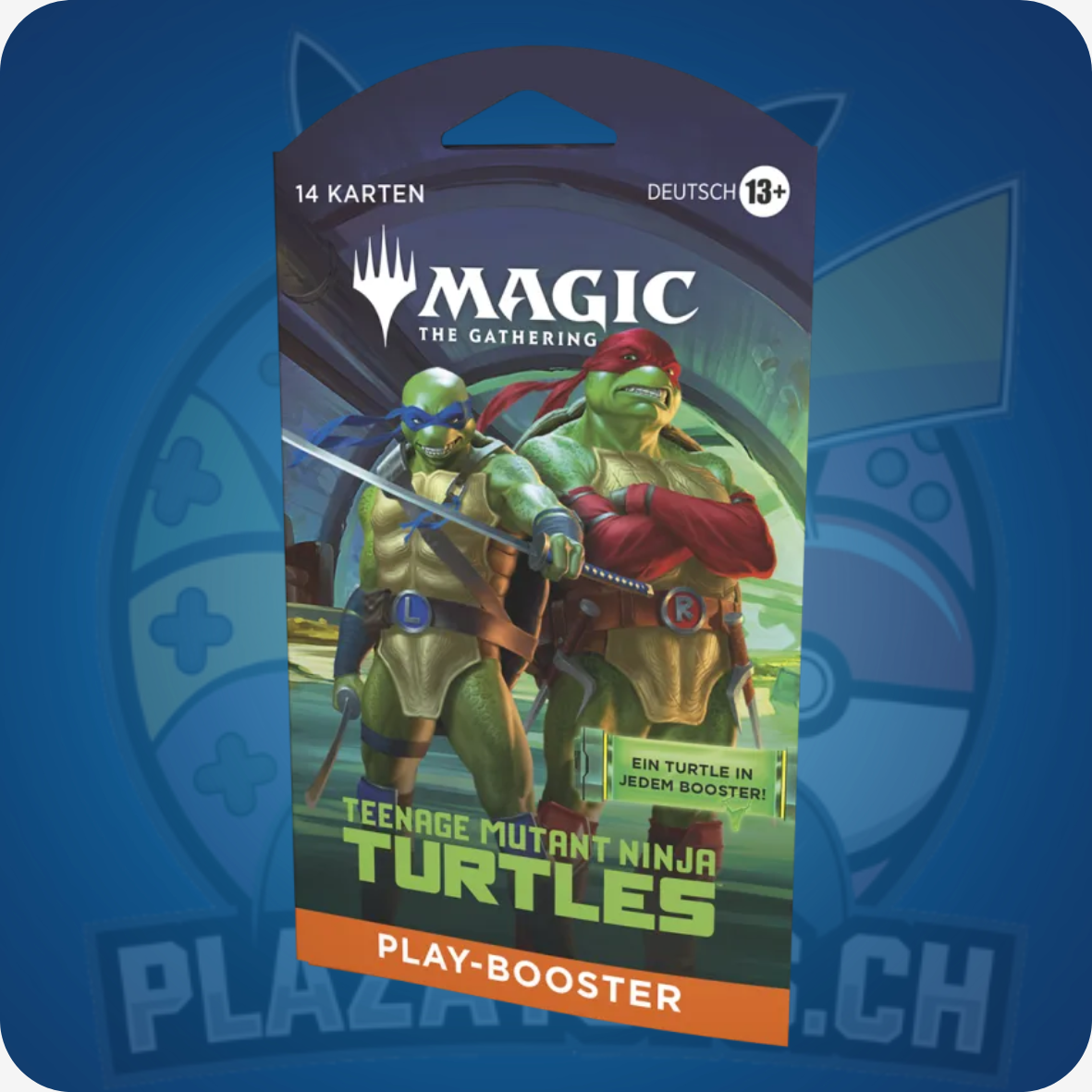 Magic: The Gathering Booster mit Teenage Mutant Ninja Turtles, in Schutzhülle, zeigt Karten und Verpackung im Bild.