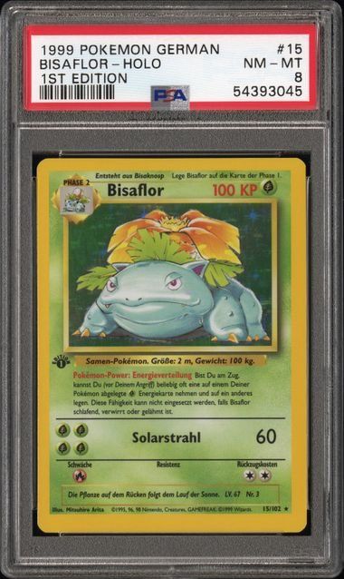 Pokémon Bisaflor Holo 1. Edition Karte Nr. 15, PSA 8 NM, aus dem Jahr 1999, hochwertige Sammelkarten-Edition