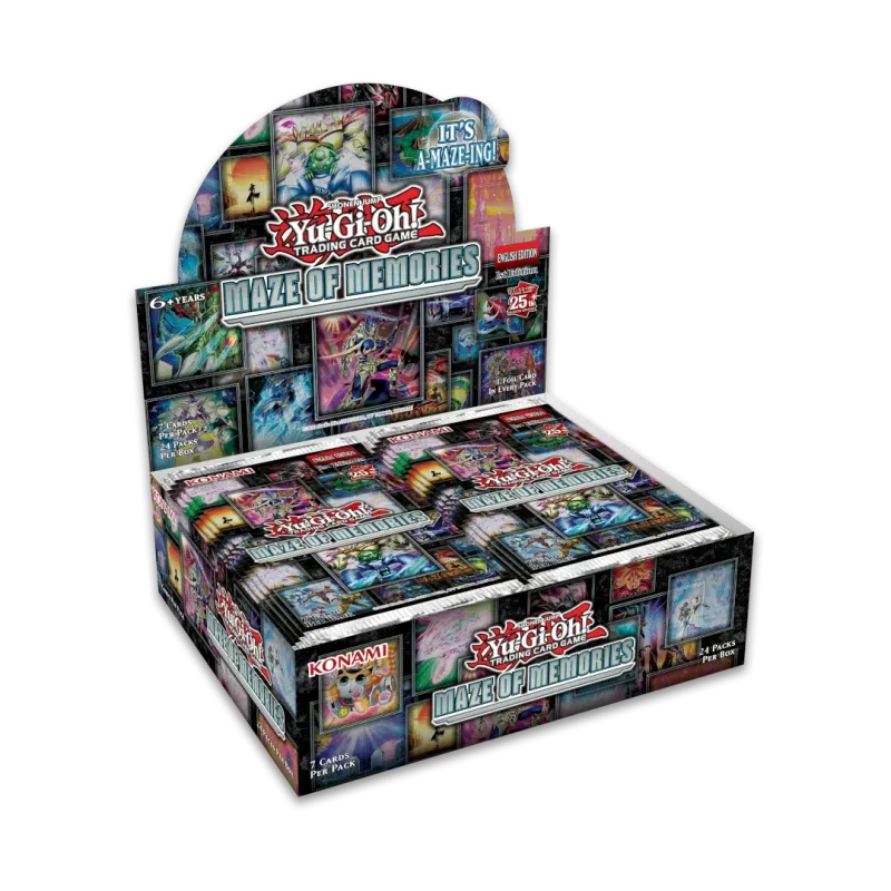 Yu-Gi-Oh! Maze of Memories Display mit Yu-Gi-Oh! Logo und bunten Spielkarten, auf einem weißen Hintergrund präsentiert
