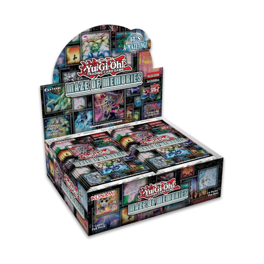 Yu-Gi-Oh! Maze of Memories Display mit Yu-Gi-Oh! Logo und bunten Spielkarten, auf einem weißen Hintergrund präsentiert