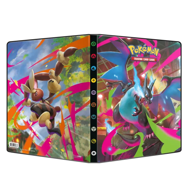 Ultra Pro Mega Evolution Phantasmal Flames Pokémon Sammelalbum mit 9-Steckfächern, bunt gestaltet und mit Pokémon-Designs bedruckt.