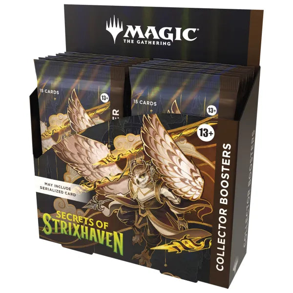 Magic: The Gathering Secrets of Strixhaven Collector Booster Display, zeigt Verpackung mit Booster-Boxen und Kartenspielen.