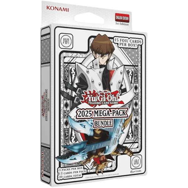 Yu-Gi-Oh! Mega-Pack Bundle 2025 mit Sammelkarten, Verpackung mit bunten Yu-Gi-Oh! Kartenspielen, Blick auf die Verpackung und Kartensymbole
