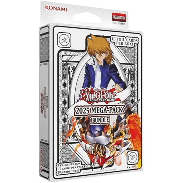 Yu-Gi-Oh! Mega-Pack Bundle 2025, Sammelpack mit Karten und Zubehör, in buntem Design, auf einem Spieltisch.