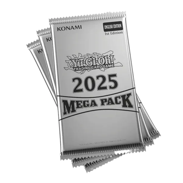 Yu-Gi-Oh! Mega-Pack Bundle 2025, Sammelbox mit Kartenpaketen, Yu-Gi-Oh! Logo und bunte Verpackung auf einem weißen Hintergrund
