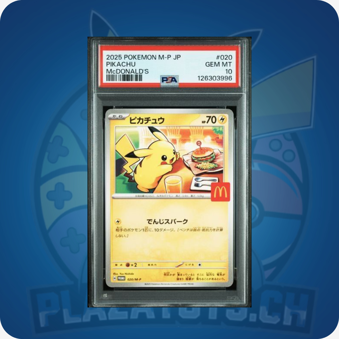 Pokemon Pikachu #20/M-P japanische Promo-Karte, PSA 10 GEM MT, hochwertige Sammelkarte, mit Gutschein im Wert von 200 CHF.