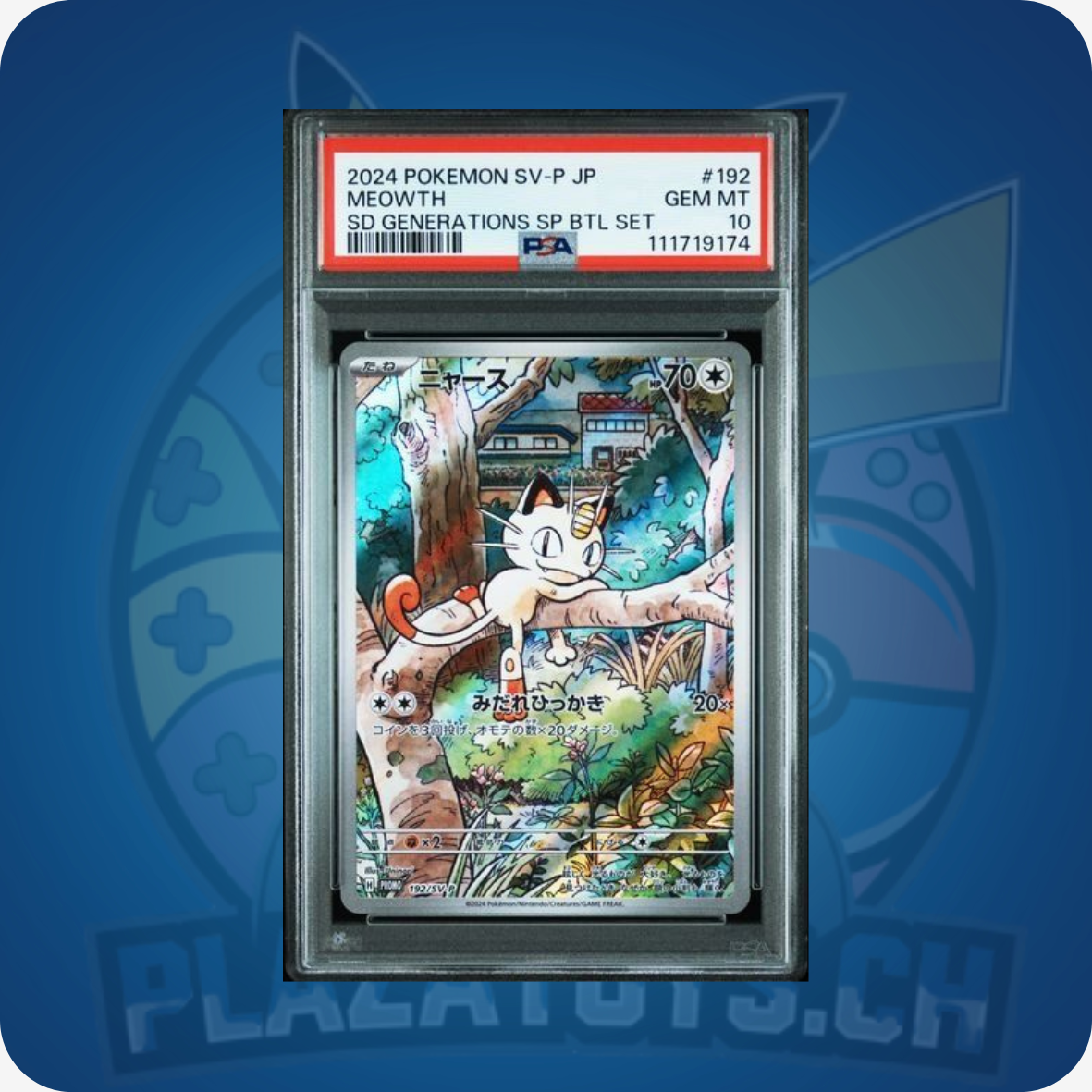 Pokémon Meowth Karte #192/SV-P, japanische Promo, PSA 10 Gem MT, hochwertige Sammelkarte, mit Grading-Siegel sichtbar