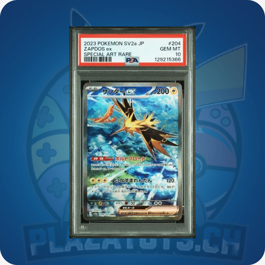 Geschützte, hoch bewertete Zapdos EX #204 Pokémon Karte, PSA 10 GEM MT, japanische Version mit lebendigem Design.
