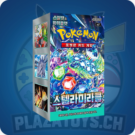 Pokémon TCG Stellar Miracle Display mit Gutscheinen im Wert von 200 CHF, Verpackung und Produktdetails sichtbar