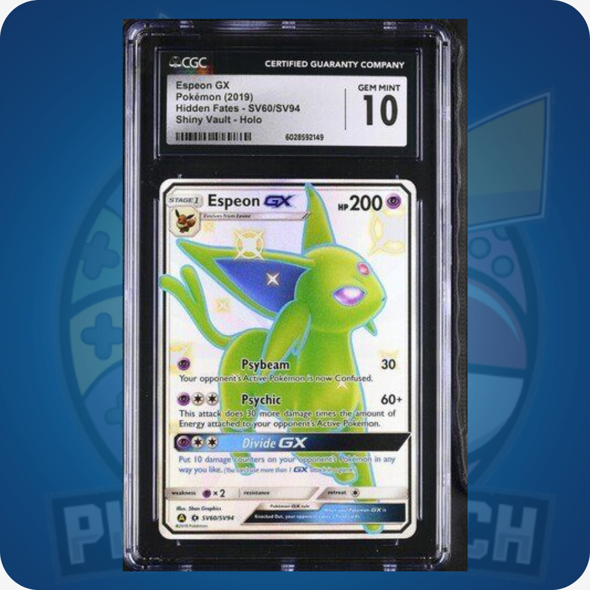 Gedichtkarte Espeon GX #SV60 Pokémon Hidden Fates, CGC 10 GEM MINT, hochwertige Sammelkarte in perfektem Zustand