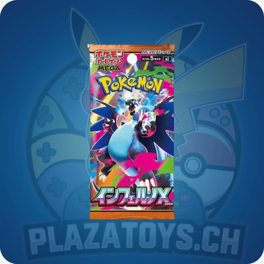 Pokémon Inferno X Booster Pack M2, offene Boosterkarte mit Pokémon-Design, im Bild auf einem Gutschein im Wert von 200 CHF.