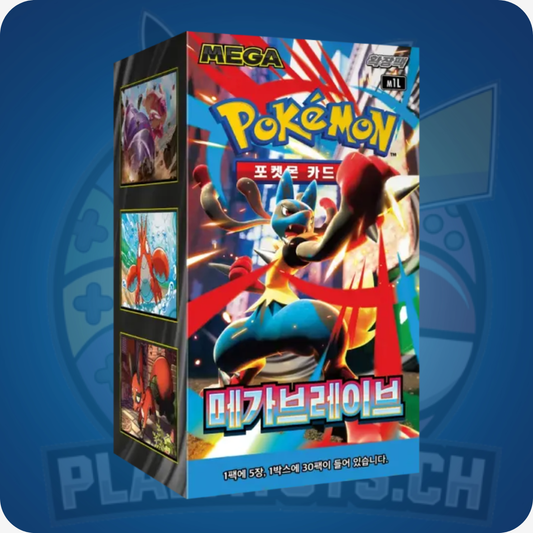 Pokémon TCG: Mega Brave Display (M1L) mit Gutschein im Wert von 200 CHF, sichtbare Verpackung und Karten in der Abbildung.