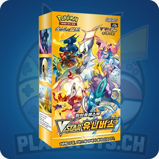 Pokémon TCG VSTAR Universe Display mit Pokémon-Karten und Gutschein im Wert von 200 CHF, koreanische Edition, auf Bild.