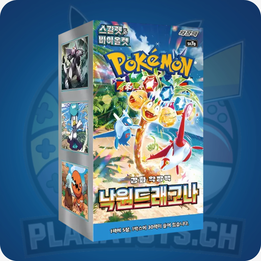 Pokémon TCG Paradise Dragona Display, koreanische Sammelkartenbox mit Gutschein im Wert von 200 CHF, zeigt Verpackung und Karten.
