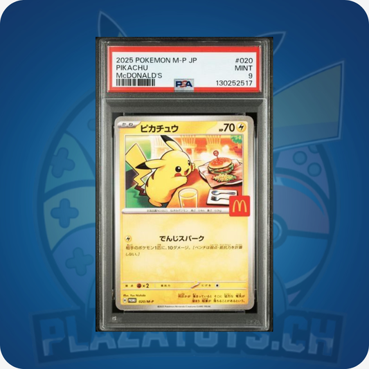 Pikachu #20/M-P Pokémon Sammelkarten, japanische Promo, PSA 9 Mint, hochwertige Pokémon TCG Karte vor weißem Hintergrund