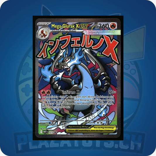 Pokémon Mega Glurak X ex Einzelkarte aus der Pokémon TCG MEP 23 Promo, detaillierte Illustration des beliebten Feuer- und Flug-Pokémons