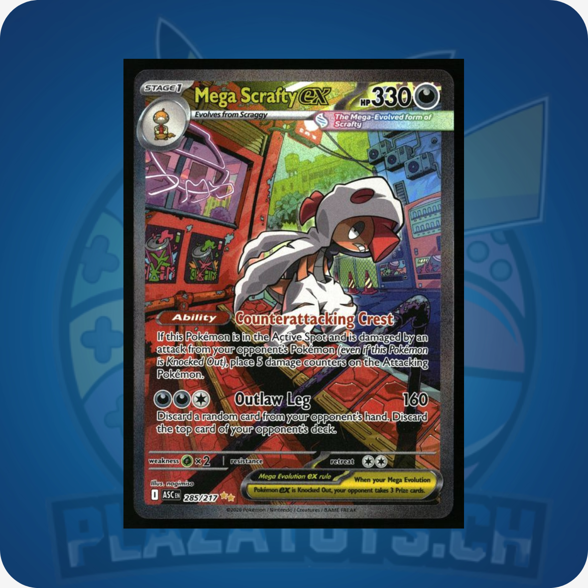 Pokemon Einzelkarte Mega Scrafty Ex #285 aus Pokemon Ascended Heroes, detaillierte Illustration, Kartenrückseite sichtbar