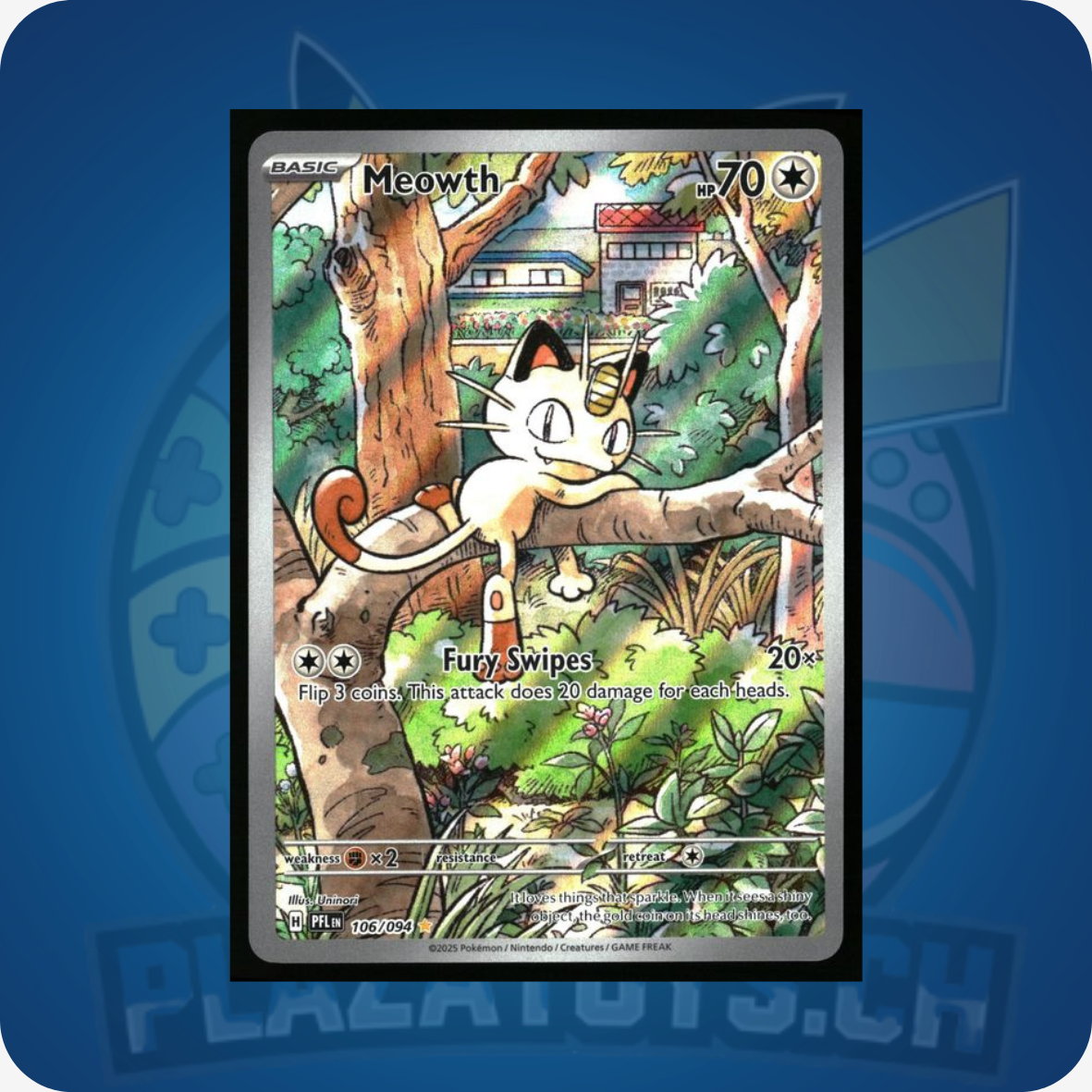 Pokemon Meowth #106 Kartenbild, Pokemon TCG Phantasmal Flames Einzelkarte mit Meowth Motiv, detailreiche Illustration
