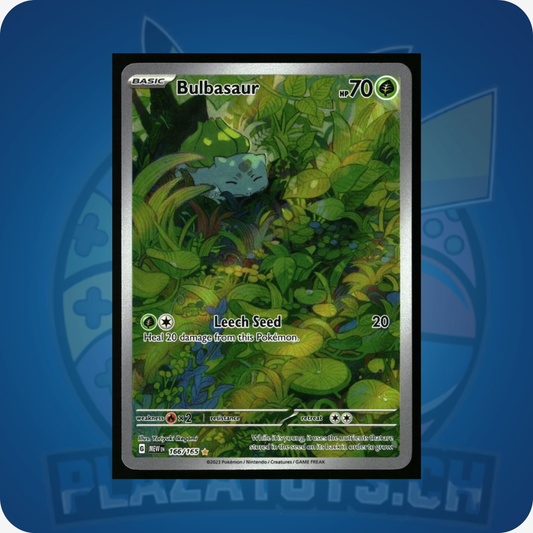 Pokemon Bulbasaur Karte aus Scarlet & Violet, Pokémon TCG, detailliertes Bild der Pokémon-Einzelkarte #166.