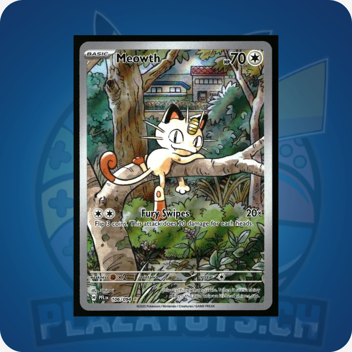 Pokemon Meowth Karte #106 aus Phantasmal Flames, detailreiches Artwork, typische Pokemon Einzelkarte, auf weißem Hintergrund