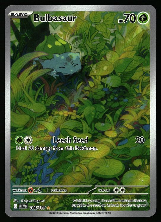 Pokémon Einzelkarte Bulbasaur #166 aus Scarlet & Violet, detailreiche Illustration des grünen Pokémon.