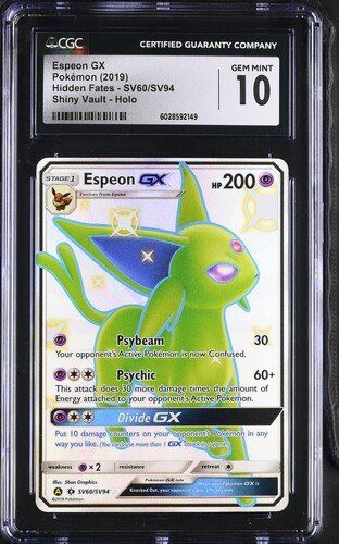 Gepflegte Espeon GX Pokémon Hidden Fates Karte in CGC 10 GEM MINT Zustand, detailreiche Illustration auf hochwertiger Spielkarte