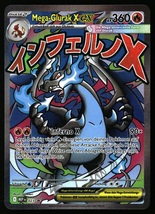Mega Glurak X ex Pokémon Einzelkarte, MEP 23 Promo, detailreiche Illustration des Pokémon Glurak in Mega-Form