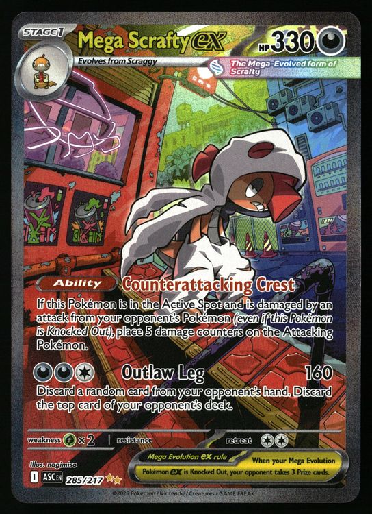 Mega Scrafty EX Karte aus Pokémon Ascended Heroes, detaillierte Illustration des Pokémon auf einer Einzelkarte.