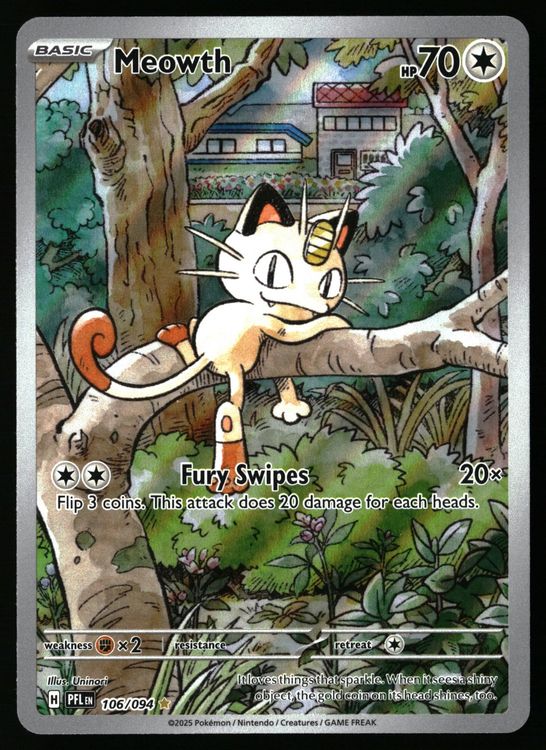 Pokemon Einzelkarte Meowth #106 aus Phantasmal Flames, detailliertes Bild der Pokémon-Karte mit Meowth-Design.