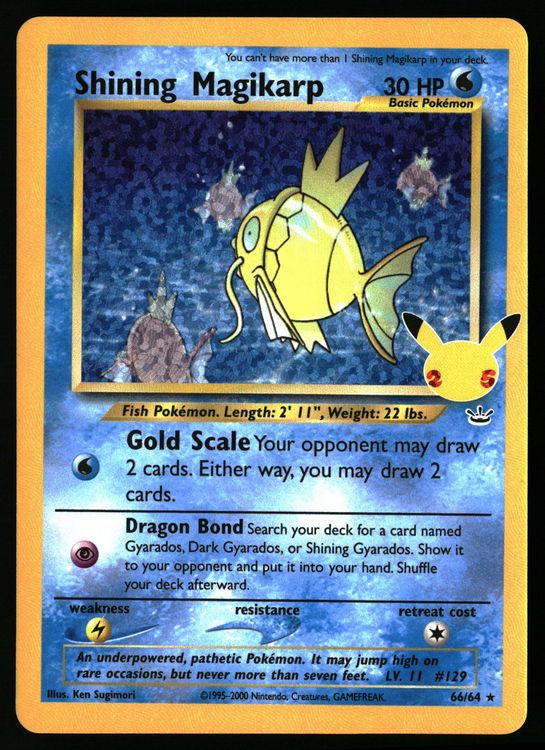 Glänzende Magikarp Pokémon-Einzelkarte aus den Celebrations, leuchtendes Design, detailreiche Illustration im Sammelkartenstil